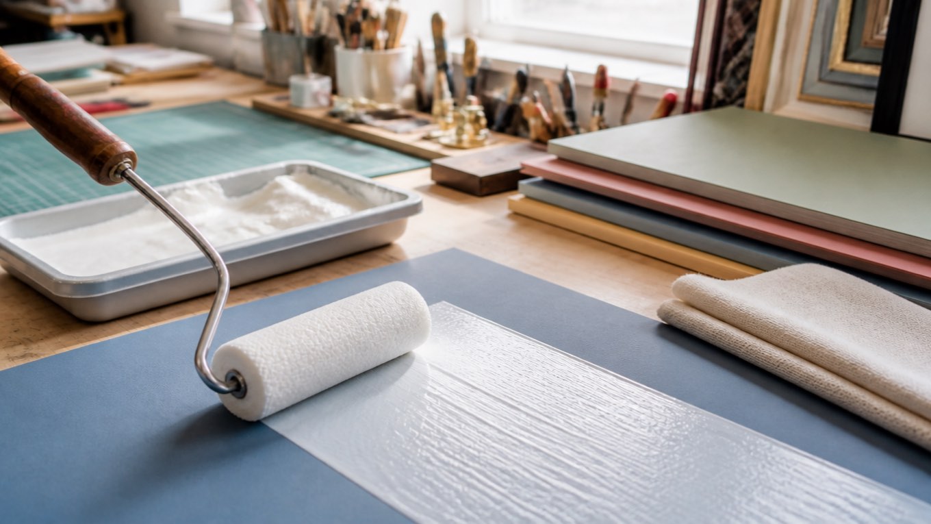 A foam roller laying an even film of white wet-mount adhesive along a board, beside a loaded tray and a folded burnishing cloth.