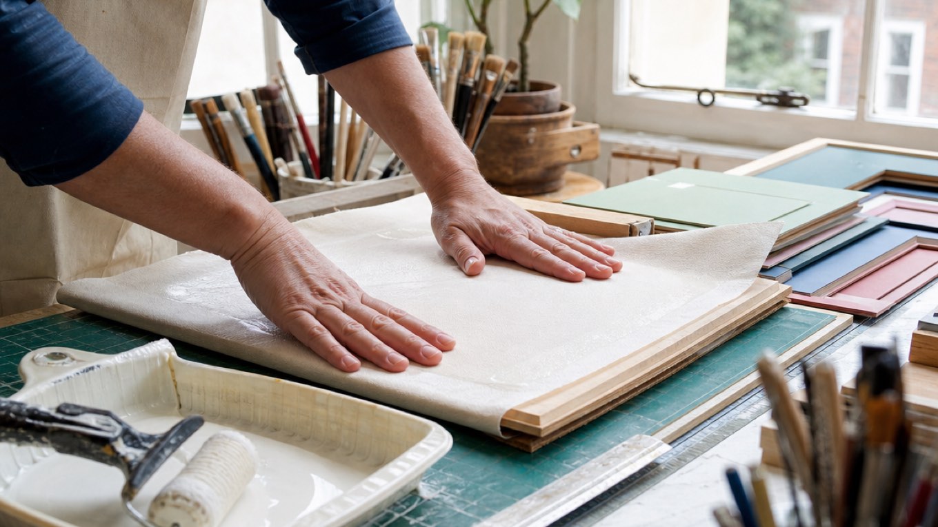Both hands smoothing outward from the centre of a press cloth laid over a freshly mounted panel, with a loaded roller and tray alongside.