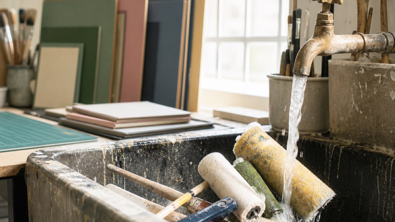 Foam rollers and brushes rinsing under running water in a workshop sink, with mat board stacked on the bench behind.