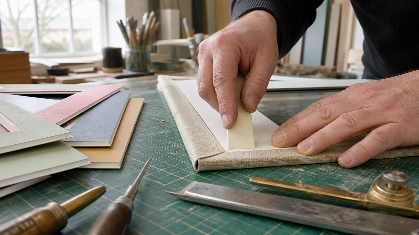 Hands turning wrapped linen around the back edge of a liner with a bevelled strip of mat board, beside a fan of coloured mat samples.